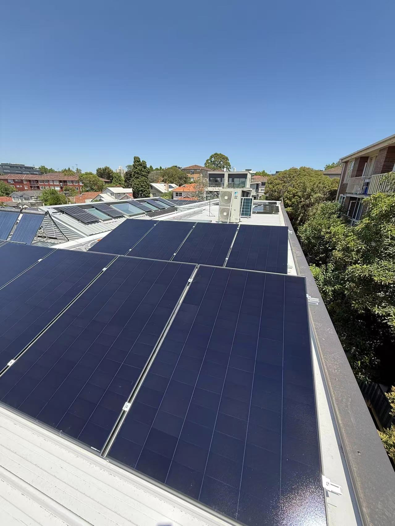 Completed rooftop solar array at a contemporary Kew residence
