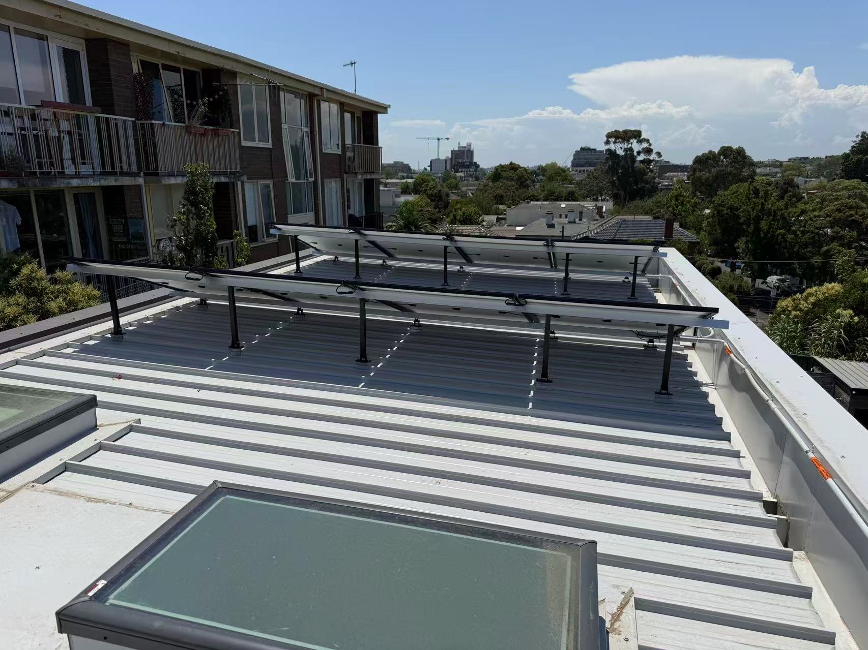 Rear view of tilt-mounted solar modules on the Kew roof