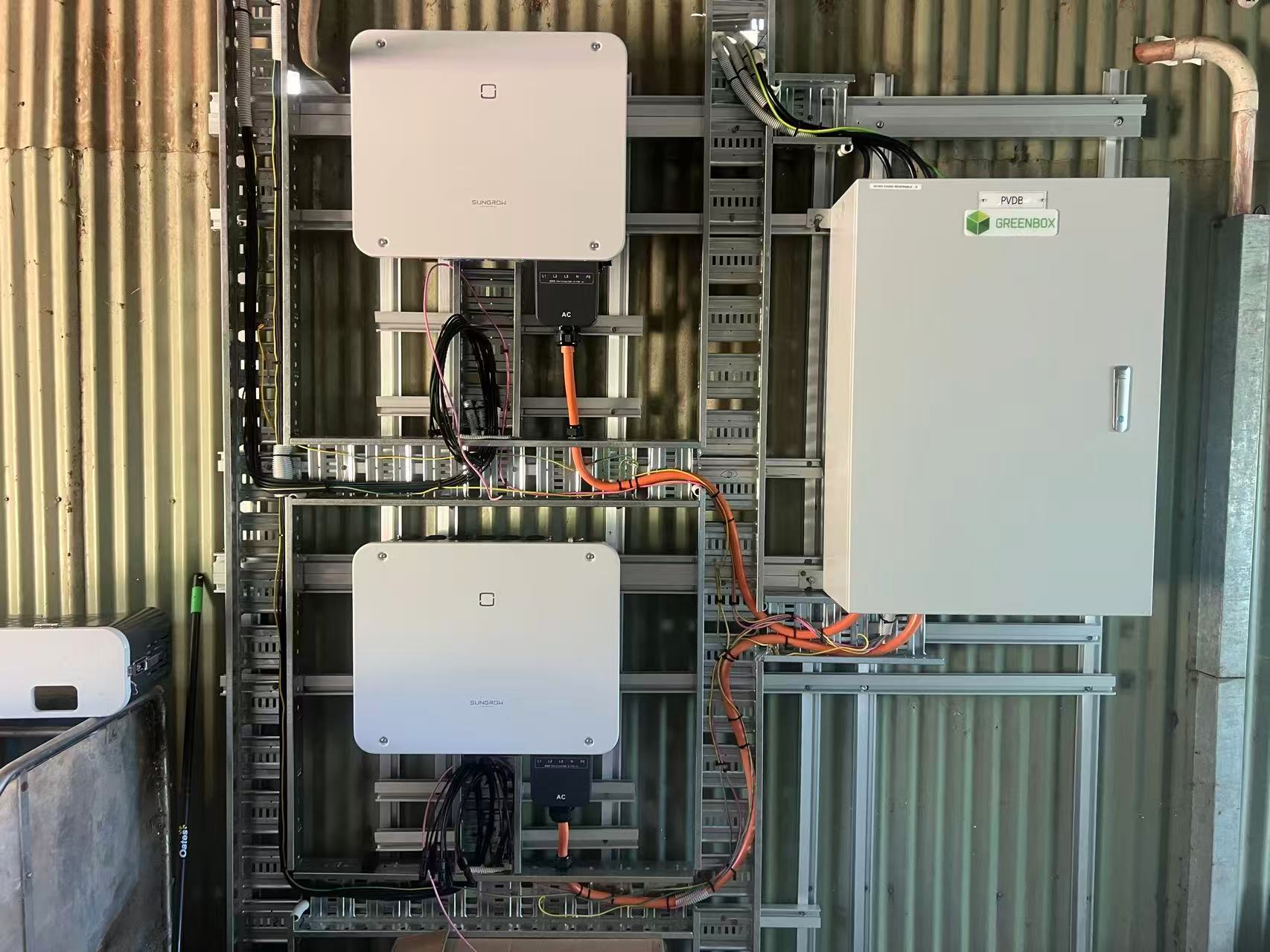 Commercial inverter wiring shown with cable tray covers removed for inspection